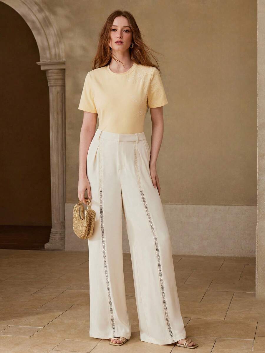 MOTF PREMIUM CAMISETA DE MUJER CON BORDADO DE MANGA CORTA, ADECUADA PARA CITAS, PRIMAVERA/VERANO - Amarillo - Ver 1