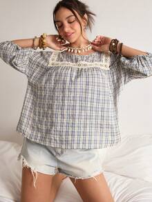 Freevana Women's Casual Loose Lace Patchwork Round Neck Blouse