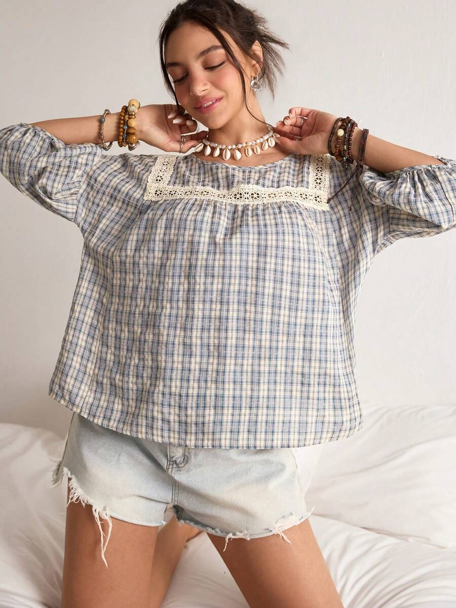 Freevana Women's Casual Loose Lace Patchwork Round Neck Blouse