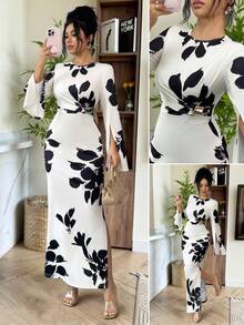 Elenzga 新款春夏秋季优雅休闲时尚收腰设计树叶印花撞色长裙，饰以3D玫瑰金装饰 - 彩色 - 查看 7