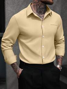 Manfinity Bizformal Men's Solid Color Single-Breasted Casual Business Long Sleeve Shirt - Khaki - View 6