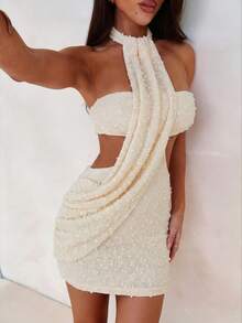 Aloruh Women's Spring/Summer Vacation Wrap Asymmetric Flowy Textured Fabric Bodycon Mini Dress - Apricot - View 8