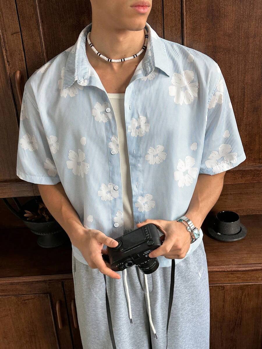 SWAVVY Collegiate Style Party & Date Floral Print Men's Shirt, Blue & White Striped - Blue - View 1