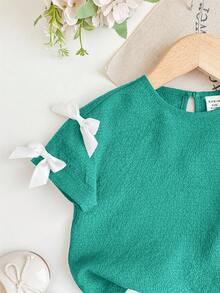 Babygirl Cute Green Bow Knit Short Sleeve T-Shirt & Elastic Waist Pants Set, Summer - Black - View 4