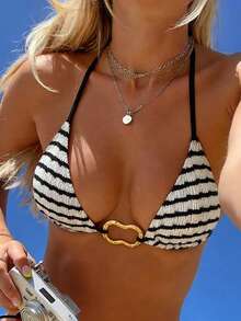 Swim Mod Women's Vacation Beach Striped Halter Swimsuit Top - Black and White - View 1