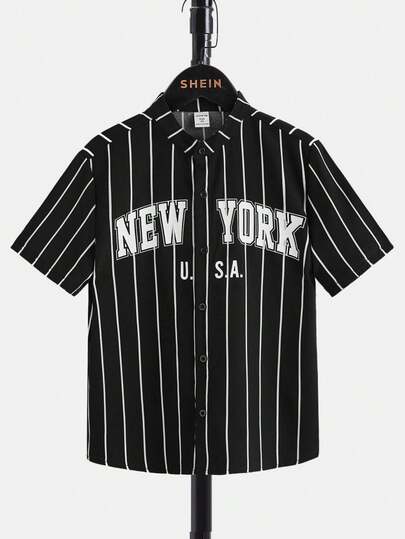 SHEIN Tween Boy Summer Casual Striped Letter Print Front Button Short Sleeve Shirt