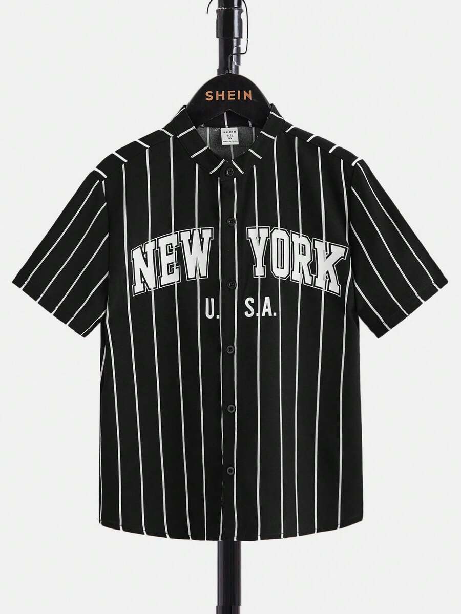 SHEIN Tween Boy Summer Casual Striped Letter Print Front Button Short Sleeve Shirt - Black - View 1