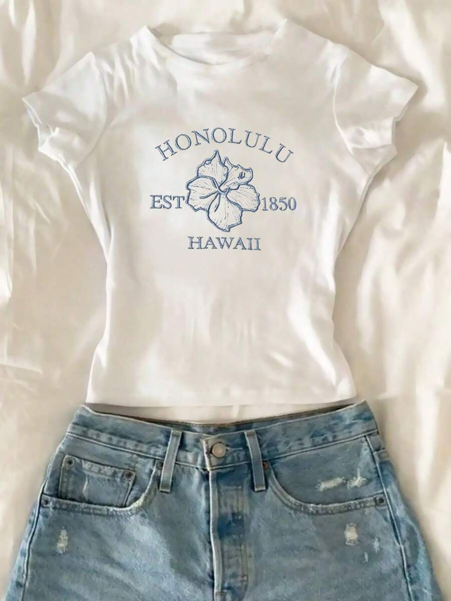 SHEIN Tween Girl White Crew Neck Cropped Fitted Short Sleeve Floral & Letter Print T-Shirt Top, Young Girl Casual Comfortable Fashion Graphic Tee Suitable For Daily Wear, Outings, School - White - View 1