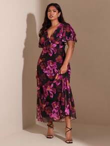 SHEIN BAE Plus Size Women Purple Floral Ruffle Sleeve Dress,Christmas,Dresses For Woman	,Christmas Outfit Women,Christmas Party Dress,Thanksgiving Outfit Women,Sexy Dress,Dresses For Ladies,Formal Dress Plus Size,Curves Women Clothing,Christmas Outfit Women,Wedding Guest Dress ,Summer,Women's New Year's Eve Dresses,Elegant Dresses For Party,Graduation ,Vacation,Birthday Party Dress,Cocktail Party Dress,Purple Dress,Winter ,Spring,Summer,Christmas ,New Year,Party ,Elegant,Casual Dresses For Women,Vacation Outfits Women ,Valentine's Day,Wedding, Birthday, Formal,Wedding, Birthday, Formal, Floral Dress Women Elegant, Women Vacation Dress, Long Dresses - Purple - View 5