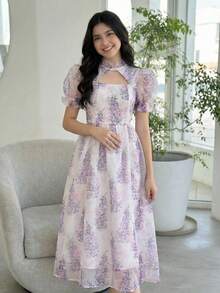 SHEIN Đầm chữ A tay phồng khoét eo, họa tiết hoa tím trắng, chất liệu organza, dành cho thiếu nữ, thanh lịch và duyên dáng. - Màu tím - Xem 5