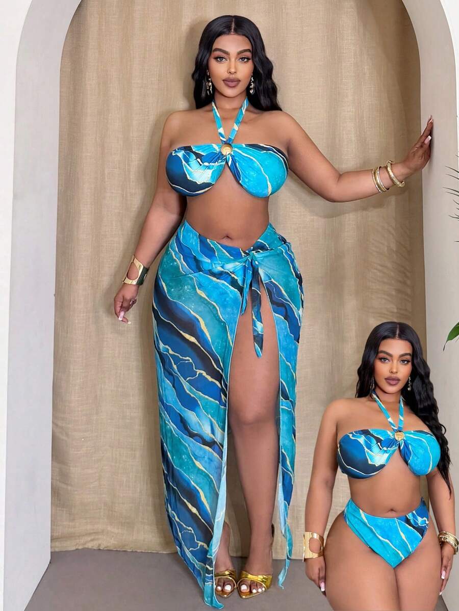 Slaydiva Bộ đồ bơi 3 mảnh cỡ lớn dành cho nữ, họa tiết sóng biển, đồ bơi đi biển, bộ đồ bơi cỡ lớn. - Nhiều màu - Xem 1