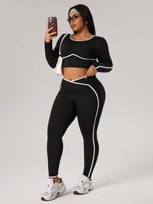 Rhythm Era Plus Size Contrast Trim Round Neck Long Sleeve Top And Pants Sports Suit - Black - View 8