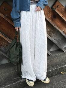 FRIFUL 女士纯白色薄纱蕾丝直筒宽松休闲裤 - 白色 - 查看 4