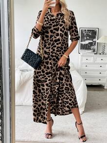 Breezaya 翻领长袖豹纹开襟长款衬衫裙女装