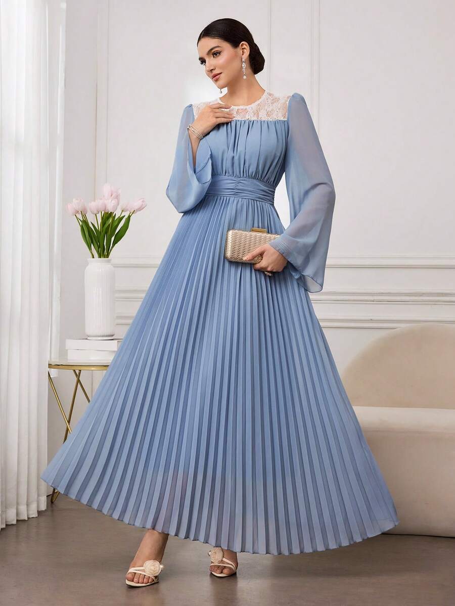 Al Najma Vestido largo de mujer con cuello redondo y parches de encaje - Neblina azul - Ver 1