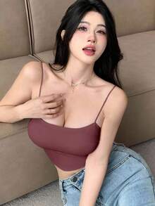 DAZY 无缝吊带背心，带衬垫胸部，微褶设计，无袖，适合所有季节 - 玫紅色 - 查看 5