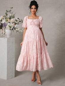 Momance Elegant Textured Square Neck Ruffle Hem Maternity Dress, Summer - Pink - View 6