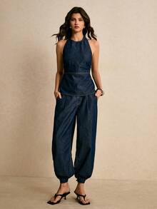 Poéselle Women's Casual Daily Commute Low Waist Side Pockets Tapered Leg Jeans - Dark Wash - View 2