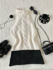 Comfortcana Women's Contrast Color Twist Knit Halter Neck Dress, Autumn/Winter - White - View 1