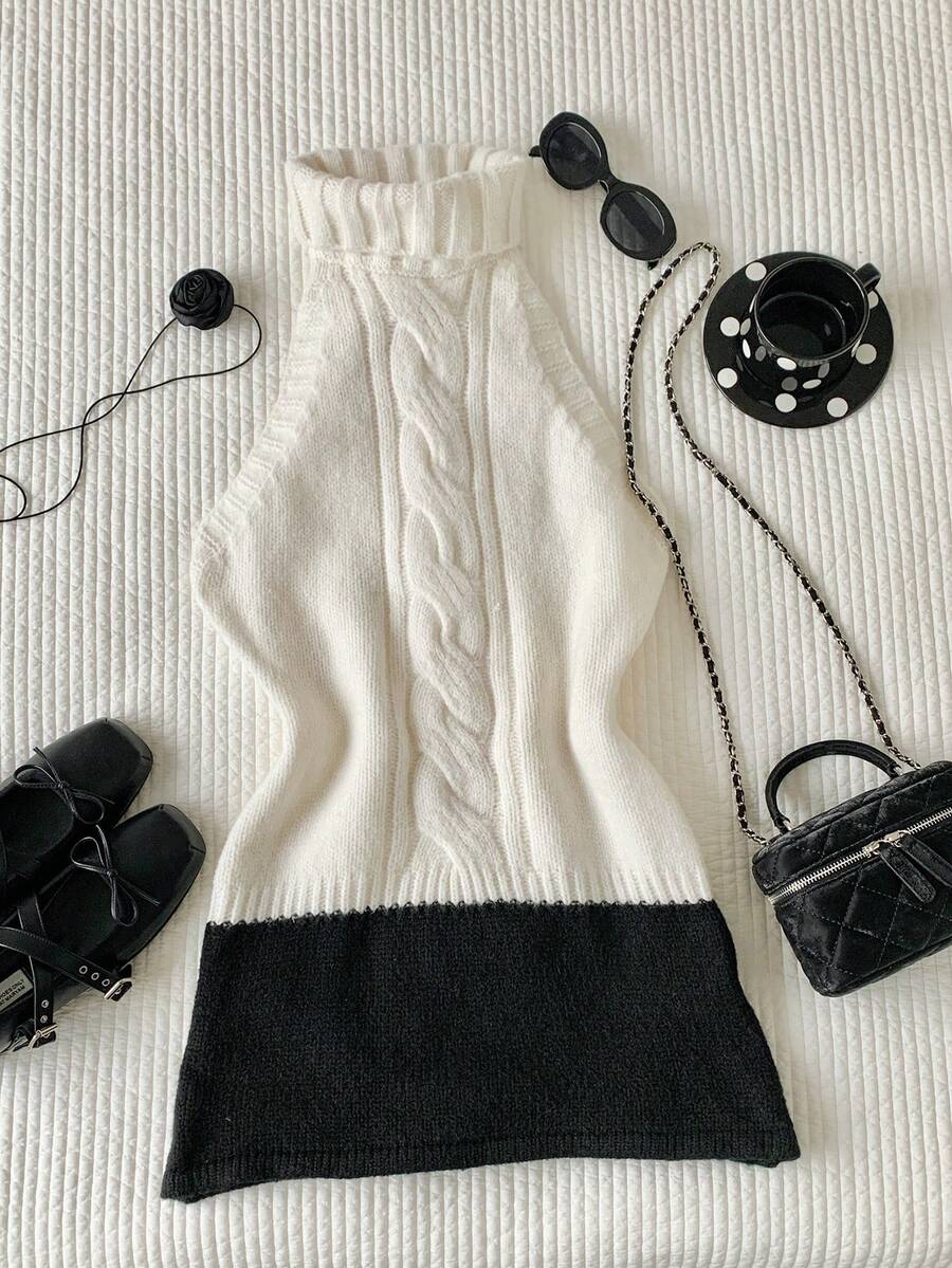 Comfortcana Women's Contrast Color Twist Knit Halter Neck Dress, Autumn/Winter - White - View 1