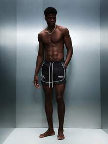 PLAYBOY X SUMWON Swim Trunks With Bunny Logo Printed Side Panels And Contrast Piping Beach Swimming Summer Vacation Holiday Board Shorts With Drawstring - Black - View 4