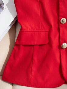 SHEIN Plus Size Women's Elegant French Style Red Sleeveless Blazer, Slim Fit Design With Gold Button Accents, Suitable For Work, Office Or Casual Occasions, Spring/Summer - Red - View 7