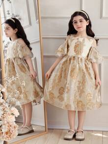 Glamorique Kids Girls Gold Party Dress,White,Summer,Elegant,Sequin,Wedding,Round Neck Flounce Sleeves Jacquard Floral Pattern Organza Midi Princess Luxury Performance - Gold - View 4