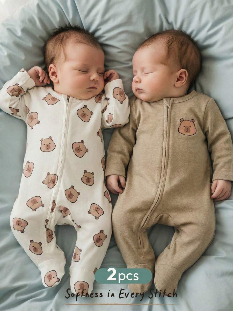 Cozy Pixies Newborn Baby Girl Cartoon Bear Pattern Knitted Soft Crew Neck Long Sleeve Romper & Pants 2pcs Set - Khaki - View 1