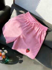 Resyla Women's Drawstring Strawberry Embroidered Shorts, Regular Fit, Rose Pink - Hot Pink - View 3