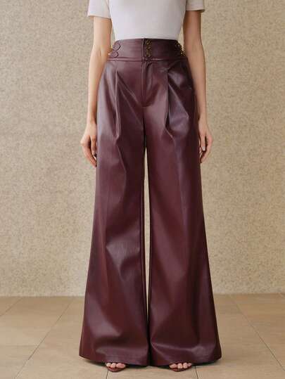 Savoree Fashionable High Waist Wide Leg Loose Fit Flared Pants With Custom Buckle Belt, PU Leather, Autumn/Winter