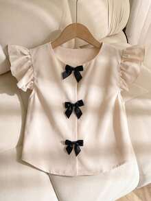 SHEIN Tween Girl Contrast Color Bow Decor Cap Sleeve Round Neck Blouse - Apricot - View 3