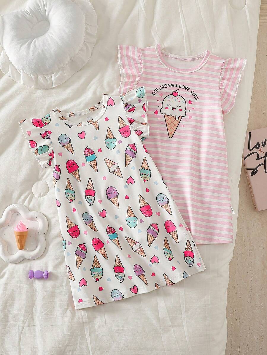 SHEIN GraphicGems Bộ 2 món đồ ngủ ngắn tay in hình kem hoạt hình nhiều màu sắc cho bé gái, bộ đồ ngủ mùa hè chủ đề kem cho bé gái, quần áo bé gái chủ đề kem, váy ngủ mùa hè chủ đề kem - Màu Hồng baby - Xem 1