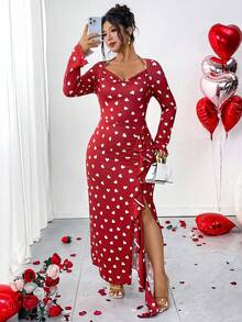 Elenzga Đầm dài tay dáng lệch vạt in hình trái tim cỡ lớn - Đỏ - Xem 7