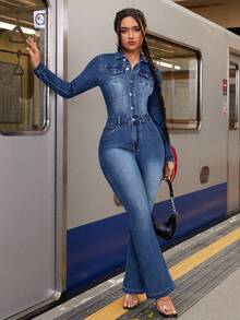 SHEIN ICON Casual Commute Elastic Washed Slim Fit Denim Jumpsuit - Medium Wash - View 5