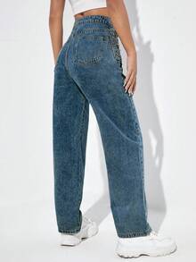 SHEIN Jeanoir Women's Casual Fashion Street Chic Daily Commute Side Chain Tie Loose Straight Leg Jeans - Royal Blue - View 2