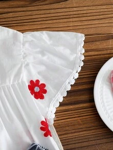 SHEIN Vintaside Kids Baby Girl Casual Floral Embroidery Cap Sleeve Top And Denim Jeans Set, Summer - White - View 3