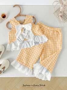 Cozy Pixies Baby Girl Colorblock Floral Trim Sleeveless Cardigan Top And Elastic Waist Pants 2 Pieces Set,Kids - Yellow - View 2