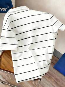 Manfinity Joysei Men's Casual Minimalist Black & White Striped Letter Polo Shirt, Suitable For School, Outings And Gifting To Friends - White - View 3