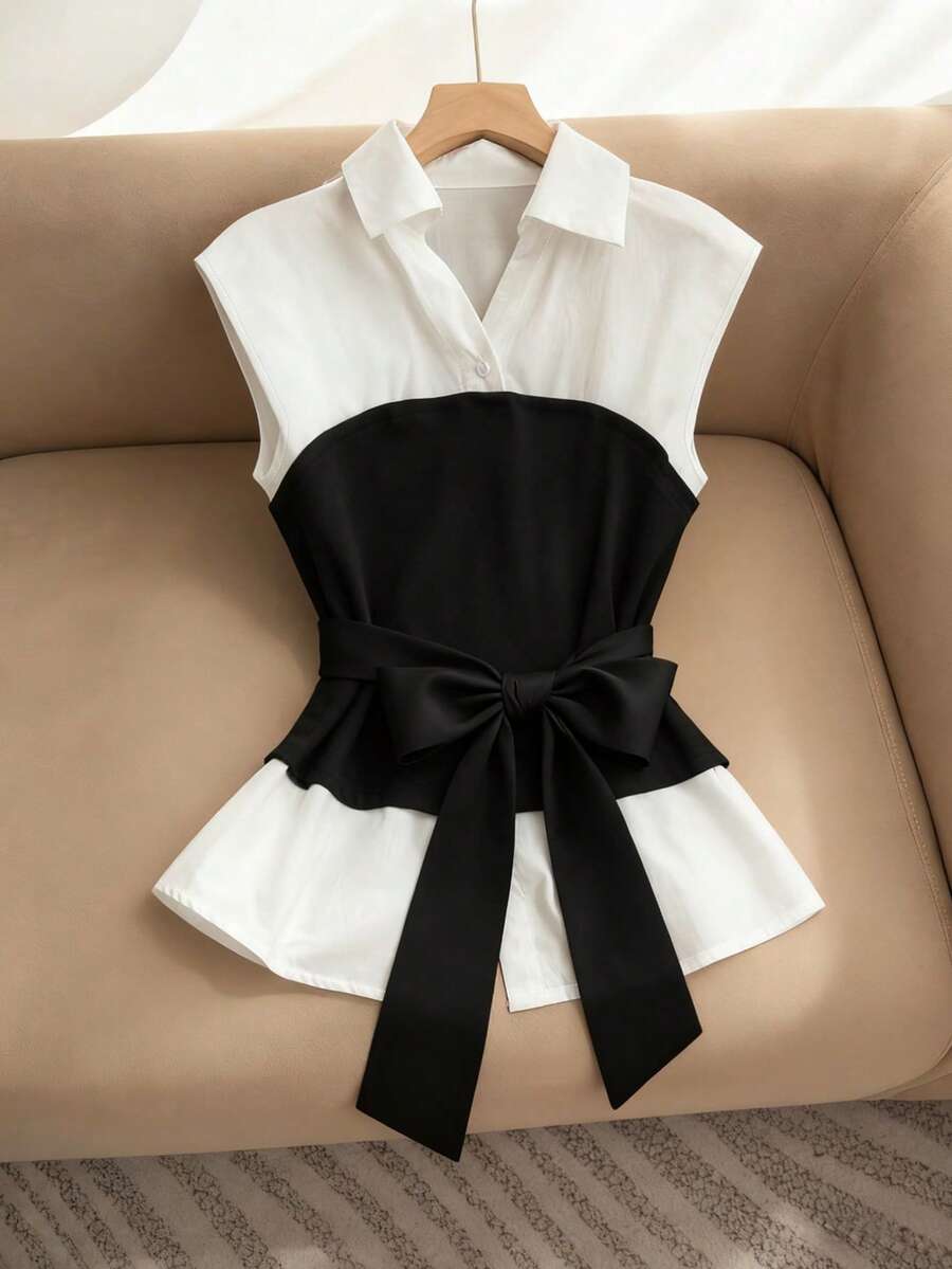 GlowEve Women's Fashionable Spring/Summer Polo Collar 2 In 1 Tie-Up Blouse, Fitted Casual/Work Versatile Shirt - Multicolor - View 1