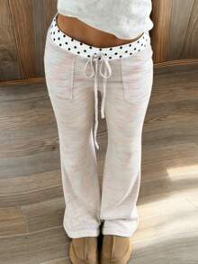 CovetEZ بنطلون طويل للنساء الكاجوال بخصر رباط مزخرف بنقشة البولكا نقاط ملونة - وردي - مشاهدة 1