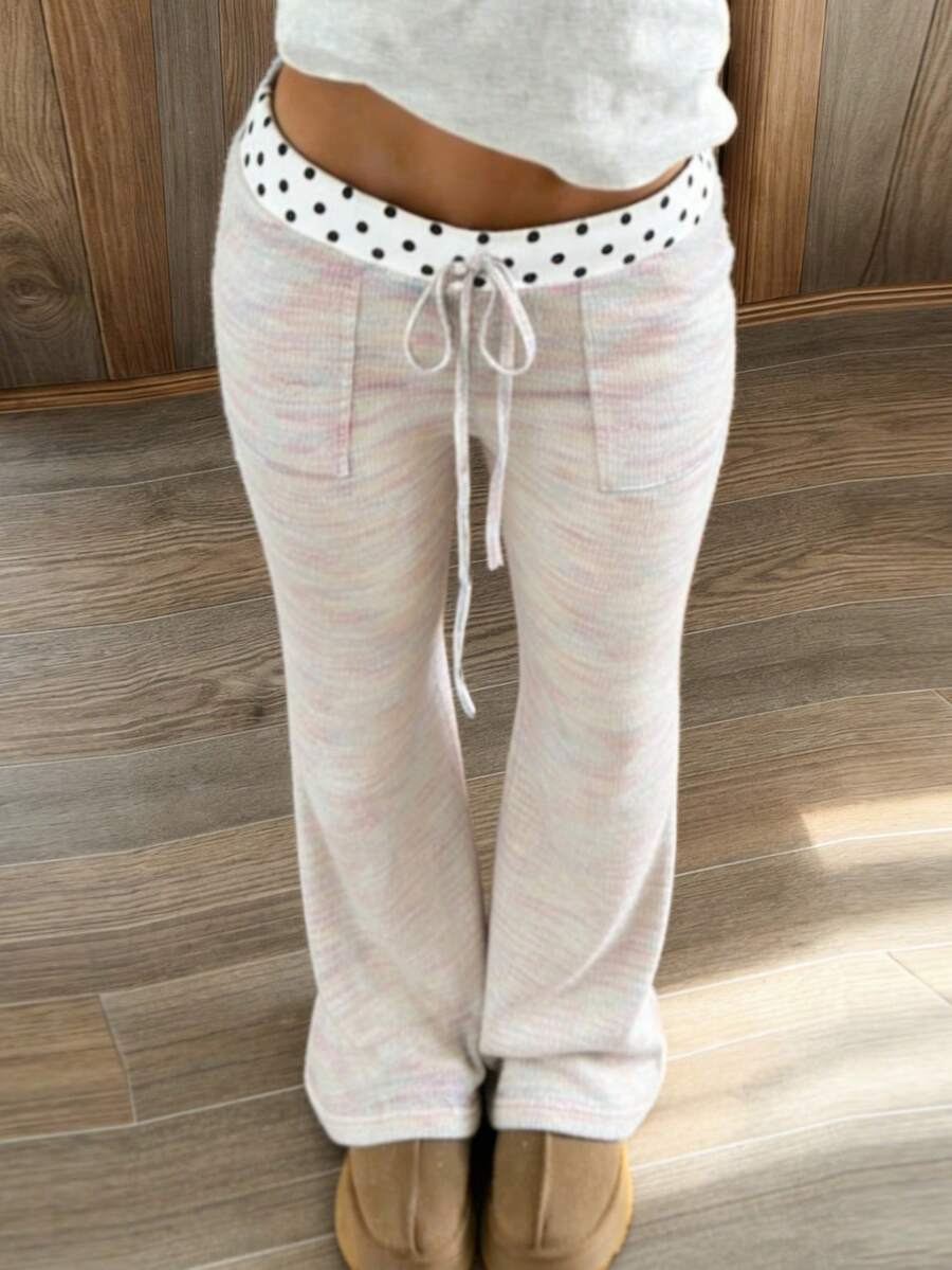 CovetEZ بنطلون طويل للنساء الكاجوال بخصر رباط مزخرف بنقشة البولكا نقاط ملونة - وردي - مشاهدة 1