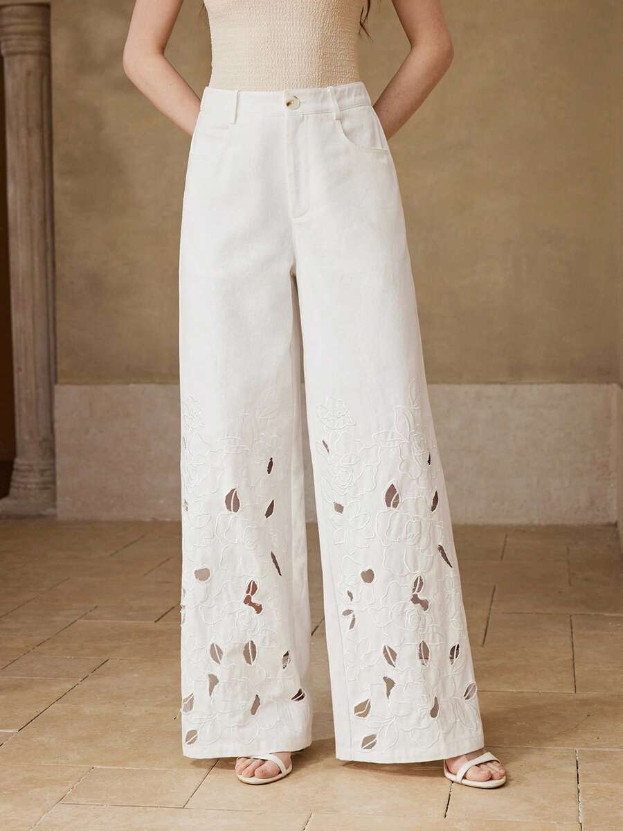 MOTF PREMIUM WOMEN'S SPRING/SUMMER COTTON HOLLOW-OUT EMBROIDERED WIDE LEG PANTS - White - View 1