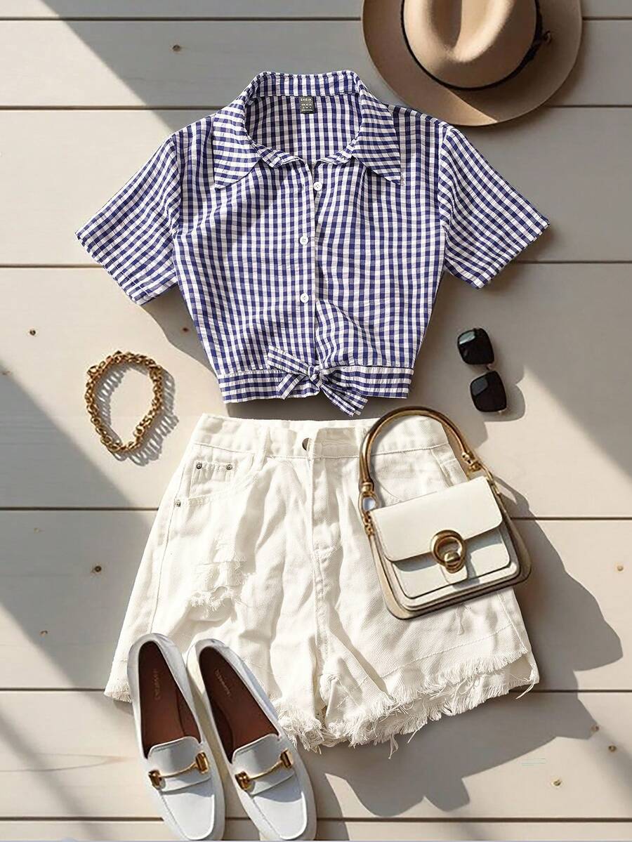 Franclia 女士休闲度假优雅格纹梭织海军蓝方格短袖衬衫，腰部系带纽扣前襟设计，适合户外野餐、欧洲夏季穿着。 - 藏蓝色 - 查看 1