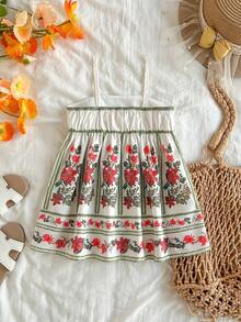 Travachic KIDS Đầm ngắn tay họa tiết hoa dễ thương cho bé gái, có bèo nhún, thích hợp cho kỳ nghỉ hè. - Đỏ - Xem 2