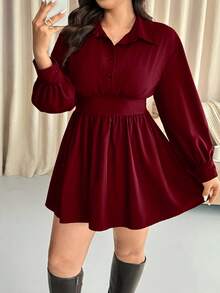 Vionelle 大码纯色收腰长袖梭织衬衫领连衣裙，秋冬款 - 酒紅色 - 查看 3