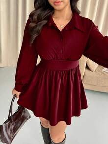 Vionelle 大码纯色收腰长袖梭织衬衫领连衣裙，秋冬款 - 酒紅色 - 查看 5