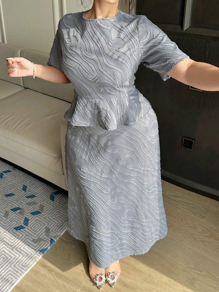Dazy Plus Plus Size Elegant 2 Pieces Set: Fitted Short Sleeve Top With Jacquard & Cut-Out Details, And Midi Pencil Skirt Lounge Sets For Women