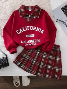 SHEIN Tween Girl Fashionable Loose Casual Collared Top (2 In 1) + Striped Plaid Versatile A-Line Skirt, School Style - Red - View 5