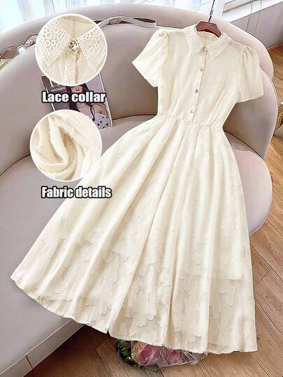 GlowEve CURVE Plus Size Elegant French Lace Trim Jacquard A-Line Short Sleeve Dress For Women, Spring/Summer