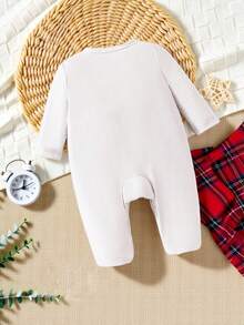 1 Pack Newborn Baby Pajamas, Heart & Letter Print Knitted Envelope Collar Long Sleeve Footie Sleepwear, Suitable For Everyday Wear And Lounging, All Season - White - View 2